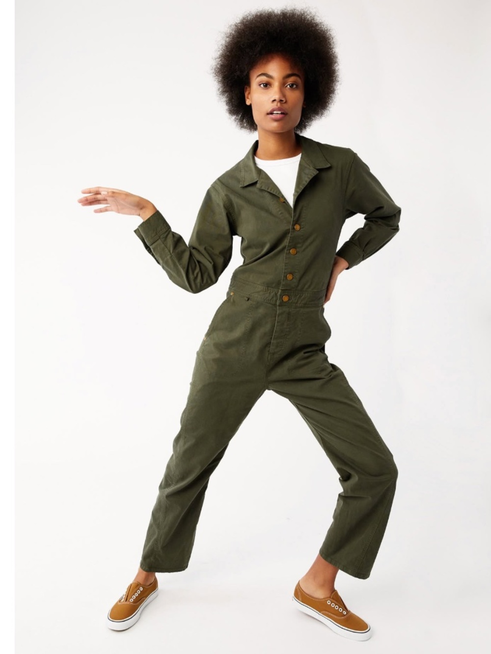 The Only Jane Twill Utility Button-Front Olive Green Jumpsuit Size 4